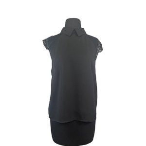 Black Polyester and Lace Cap Sleeve Top with Peter Pan Collar No Size Tag